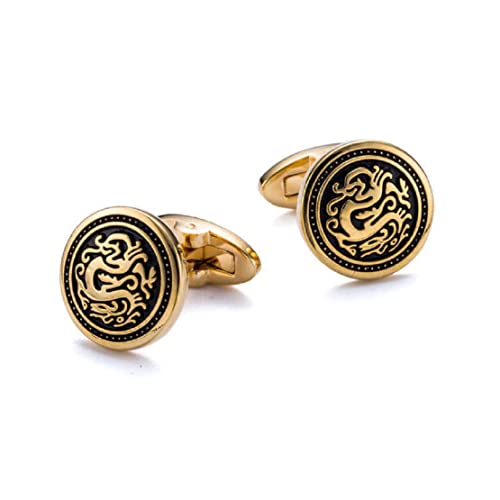 Longcreek - Herren Manschettenknöpfe, Drachen-Manschettenknöpfe, Gold, Emaille, Smoking, Punk, Wikinger, Keltischer Drache, Totem, Braut, Best Man, Geschenk, Erwachsener, Unisex, Rund von Longcreek