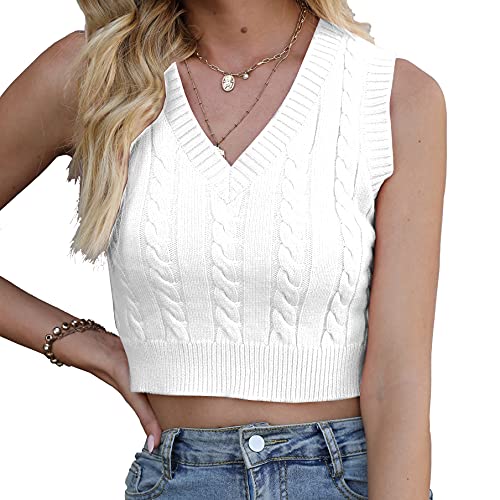 Longhong clothing Damen Strickpullover mit V-Ausschnitt, einfarbig, ärmellos, Crop Strickweste, Weiß, Groß Longhong clothing Damen Strickpullover mit V-Ausschnitt, einfarbig, ärmellos, Crop Strickweste, Weiß, Groß von Longhong clothing