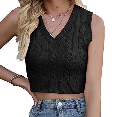 Longhong clothing Damen Strickpullover mit V-Ausschnitt, einfarbig, ärmellos, Crop Strickweste, schwarz, Mittel von Longhong clothing
