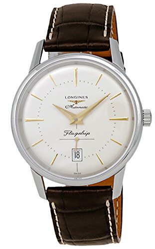 Longines Herren Uhr Klassisch Automatik Weiß Kristall Saphirglas Guilloche 38.5 mm 11 mm 19 mm Braun Schnalle Versteckter Verschluss mit Druckknopf Schwimmen 3 Bar Wasserfest 717520007258 L47954782 von Longines