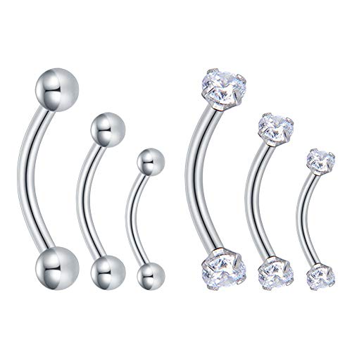 Longita 6 Stück Augenbrauenpiercing 16G Chirurgenstahl Klar Zirkonia Barbell Curved Rook Helix Knorpel Ohrring Piercing Herren Damen 6mm 8mm 10mm von Longita