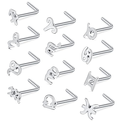 Longita 20G Nasenpiercing L-förmig Chirurgenstahl Unterschiedlicher Stil Tierkreiszeichen Nasenring für Damen Herren Nase Piercing 12 Stück von Longita