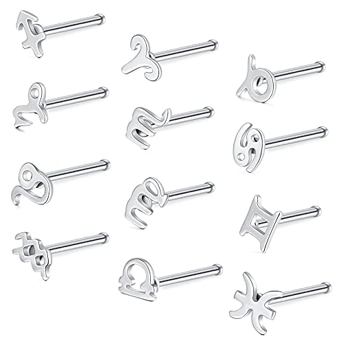 Longita 20G Nasenpiercing Sets Gerade Piercing Chirurgenstahl Nasenring Nasenstecker Unterschiedlicher Stil Tierkreiszeichen für Damen Herren Nase Piercing 12 Stück von Longita