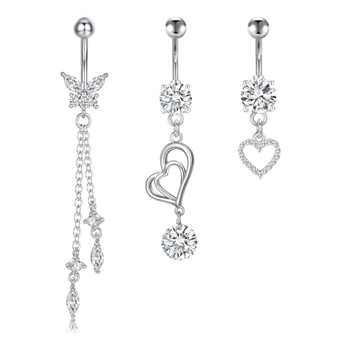 Longita 3 Stück Bauchnabelpiercing 10mm Chirurgenstahl mit Herz & Schmetterling Hypoallergener Bauchnabelring in Silber & Gold Belly Button Piercing Set für Frauen von Longita