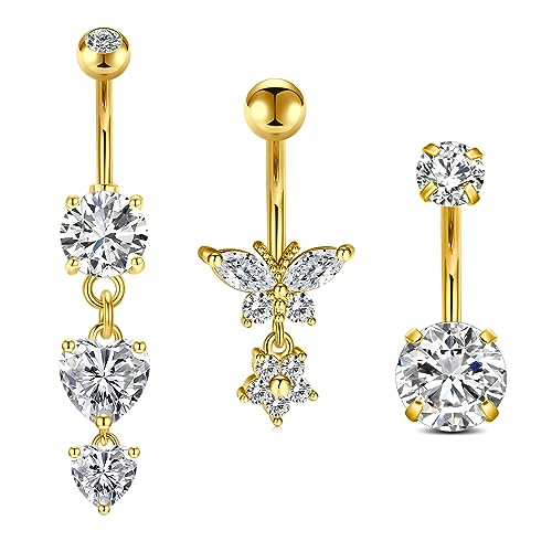 Longita 3 Stück Piercing Bauchnabel Gold Edelstahl Bauchnabelpiercing Cz Piercing Bauchnabel 10mm Stablänge Für Damen Männer 14G von Longita