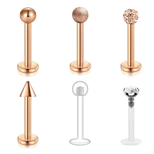 Longita 6 Stück 16G Lippenpiercing Labret Piercing Chirurgenstahl und Acryl Bioflex Piercing Tragus Helix Cartilage Ohr Piercing Retainer CZ Inlaid für Damen Herren Köperschmuck Piercing-Rose Gold von Longita