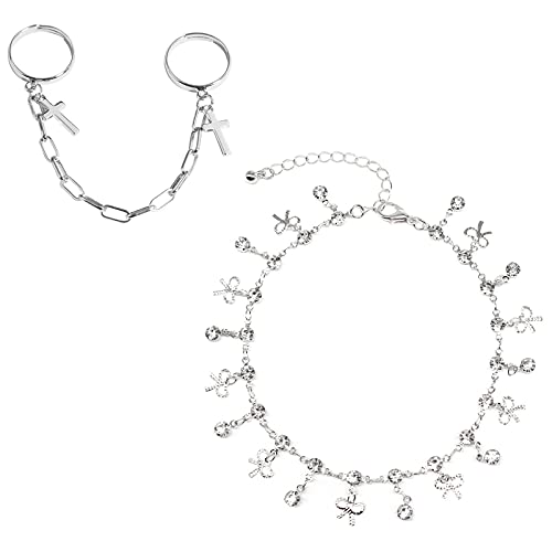 Longita Kette Finger Ringe Einstellbar Öffnen Punk Kreuz Fußkettchen Knöchel Armbänder Einstellbar 85MM Kette Fußkettchen Edelsteine Bögen Körperschmuck für Damen und Herren Silber von Longita