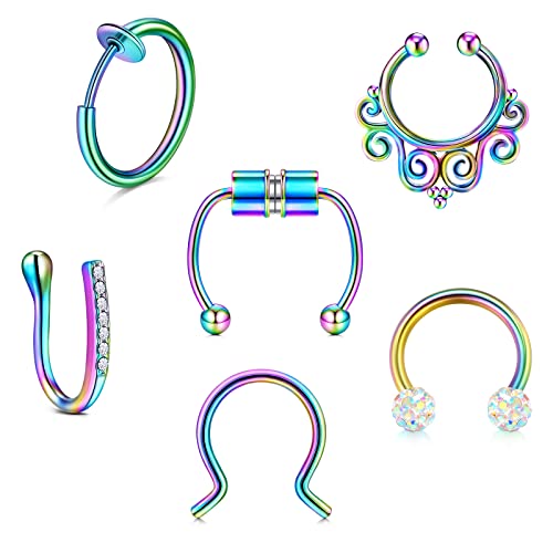 Longita Septum Piercing Ring Chirurgenstahl Septum Piercing Hufeisen Nasenpiercing Non-Pierced Fake Septum Ring Faux Nasenring für Damen Rainbow von Longita