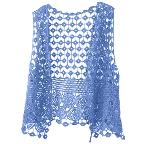 Bolero Sommer Cardigan Ärmellos Weste Strickweste Strand Cover Up Loose Strick Damen Bluse Lace Häkel Tops Weste Cardigan Hippie Häkeln Hohl Boho Weste Bluse Crochet Top Strand Bluse (Blue, One Size) von Longra