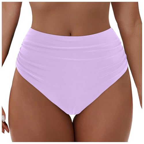 Damen Bikinihose Badeanzug Elastischer Bauchweg High Waist Strand Swimsuits Unterteil Badeshorts Abdominal Ruched Klassische Badehose mit Falten Strandhose Frauen Bikinis Bequemer (Light Purple, M) von Longra