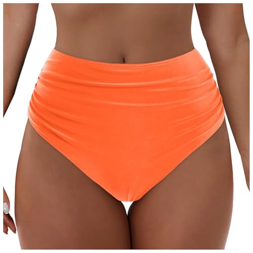 Damen Bikinihose Badeanzug Elastischer Bauchweg High Waist Strand Swimsuits Unterteil Badeshorts Abdominal Ruched Klassische Badehose mit Falten Strandhose Frauen Bikinis Bequemer Bikini (Orange, L) von Longra