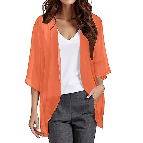 Damen Bolero Festlich Chiffon Bolerojacke 3/4 Ärmel Cardigan Open Front Frauen Elegant Leichte Dünn Schulterjacke Bolerojacke Tops für Abendkleid Kleid Badeanzug Hochzeit Elegante (Orange-D, XXXXL) von Longra
