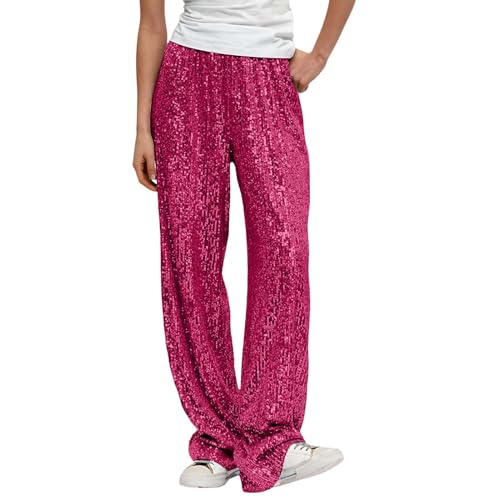 Damen Glitzer Pailletten Hosen Karneval Kostüm Damenhose Glitzer Hose Pailettenhose Weite Hose Pailletten Abendhose Cocktail Hose Party Club Kostüm Paillettenhose Glitzer Leggings (Hot Pink, S) von Longra