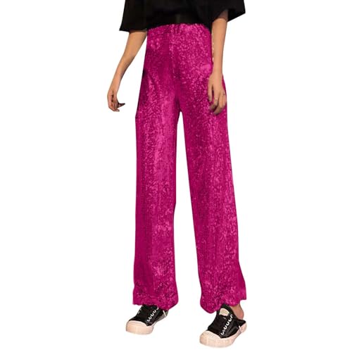 Damen Glitzer Pailletten Paillettenhose Glitzer Hose Hoher Taille Pailettenhose Weite Hose Pailletten Glänzende Paillettenhosen Breite Glitzer Gerade Bein Clubwear Glitzer Leggings (Hot Pink, M) von Longra