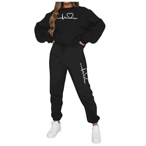 Damen Jogginganzug Frauen Fleece 2 Stück Outfits Pullover Sweatshirt + Jogginghosen Trainingsanzug Set Sportanzug Damen Tracksuit Einfarbig Zweiteiler Outfit Jogger Trainingsanzug Set (Black, XXXL) von Longra