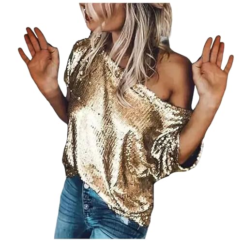 Damen Kurzarm Glitzer Oberteile Schulterfrei Pailletten Shirt Tunika Lässig Party Club Blusen Glitzer Party Tops Festliches Outfit Off Shoulder Pailletten Party Oberteile Oversize T-Shirt (Gold, M) von Longra