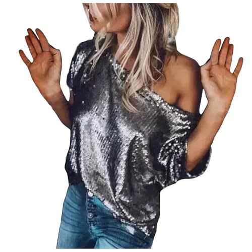 Damen Kurzarm Glitzer Oberteile Schulterfrei Pailletten Shirt Tunika Lässig Party Club Blusen Glitzer Party Tops Festliches Outfit Off Shoulder Pailletten Party Oberteile Oversize T-Shirt (Grey, M) von Longra