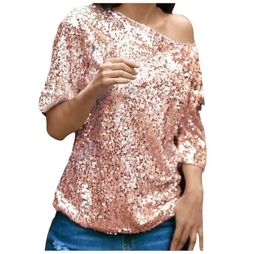 Damen Oberteile Schulterfrei Pailletten Oversize T-Shirt Off Shoulder Pailletten Party Oberteile Damen Pailletten Oberteil Glitzer Party Tops Festliches Outfit Lässig Party Club Blusen (S) von Longra