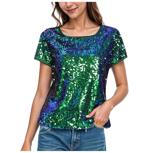 Damen Pailletten Glitzer Tops Oberteil Kurzarm Freizeit Party Festival Club Bluse T-Shirt Casual Glitzer Oberteile Rundhals Elegant Party Glitzernde Oberteile Pailletten Pullover Bluse (Dark Green, M) von Longra