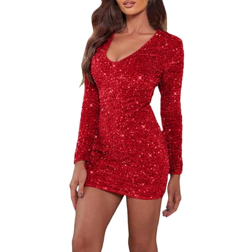 Damen Pailletten Kleid Glitzer Party Kleid Glitzer Kleid Bodycon Cocktailkleid Langarm Hochzeit Festlich Mini Kleid Figurbetontes Party Club Glitzerkleid Partykleid Glänzend Club Dress (Red, S) von Longra