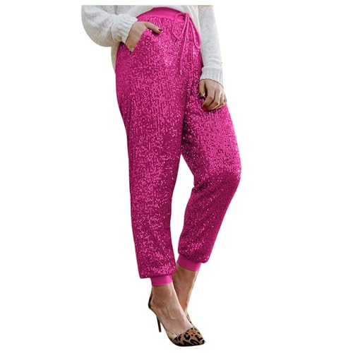 Damen Pailletten Weitbeinhosen Glänzende High Waist Hose Glitzerhosen Freizeithose Abendhose Cocktail Hose Glitzer Party Club Karneval Kostüm Paillettenhose Glitzer Leggings Clubwear (Hot Pink, XXL) von Longra