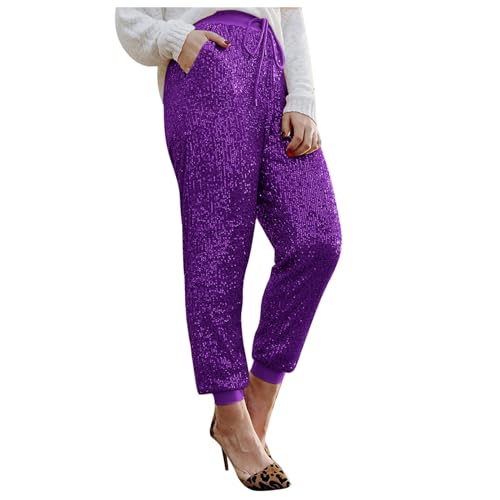 Damen Pailletten Weitbeinhosen Glänzende High Waist Hose Glitzerhosen Freizeithose Abendhose Cocktail Hose Glitzer Party Club Karneval Kostüm Paillettenhose Glitzer Leggings Clubwear (Purple, M) von Longra