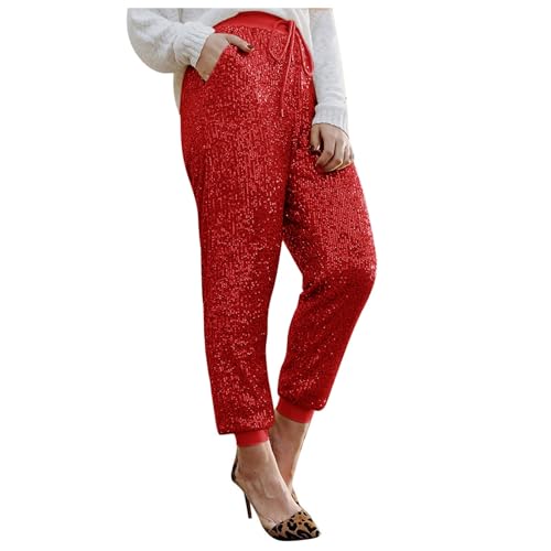 Damen Pailletten Weitbeinhosen Glänzende High Waist Hose Glitzerhosen Freizeithose Abendhose Cocktail Hose Glitzer Party Club Karneval Kostüm Paillettenhose Glitzer Leggings Clubwear (Red, XL) von Longra