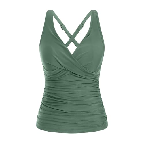 Damen Schwimmshirt Ärmellose Tankini Damen Badeshirt V-Ausschnitt Tankini Oberteil Einzeln Bademoden Badeanzug Tank Top Bauchweg Sport Badeoberteil Strand Swimming Vest mit Abnehmbar Gepolstert von Longra