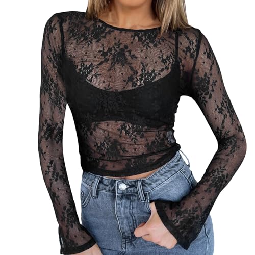 Damen Sheer Mesh Langarmshirt Spitzen Blumenmuster Durchsichtige Langarm Oberteil Enge Unterziehshirt Layering Tops Shirts Bluse See Through Mesh Top Transparent Langarmshirt Crop Top (Black, L) von Longra