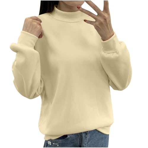 Damen Warme Fleece Pullover Sweatshirts Ohne Kapuzen Winter Thermo Langarm Shirts Fleece Sweatshirts Gefüttert Unterhemd Fleecepullover Einfarbig Freizeit Winter Fleecepulli (Beige, M) von Longra