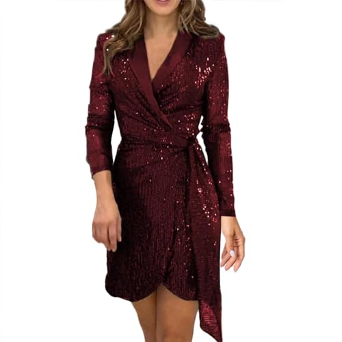 Elegante Wrap Glitter Abendkleider Party Kleider Club Hochzeit Kleid Glitzer Party Club Cocktailkleid V Ausschnitt Langarm Partykleid Paillettenkleid Knielang Festlich Kleider Glänzend (Red, M) von Longra