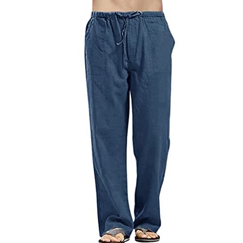 Herren Leinenhose mit Kordelzug Leicht Sommerhose Strandhose Herren Hose Lang aus Baumwollmischung Einfarbig für Männer (Blue-B, L) von Longra