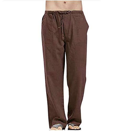 Herren Leinenhose mit Kordelzug Leicht Sommerhose Strandhose Herren Hose Lang aus Baumwollmischung Einfarbig für Männer (Brown-B, L) von Longra