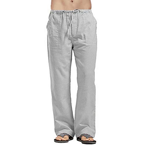 Herren Leinenhose mit Kordelzug Leicht Sommerhose Strandhose Herren Hose Lang aus Baumwollmischung Einfarbig für Männer (Grey-A, L) von Longra