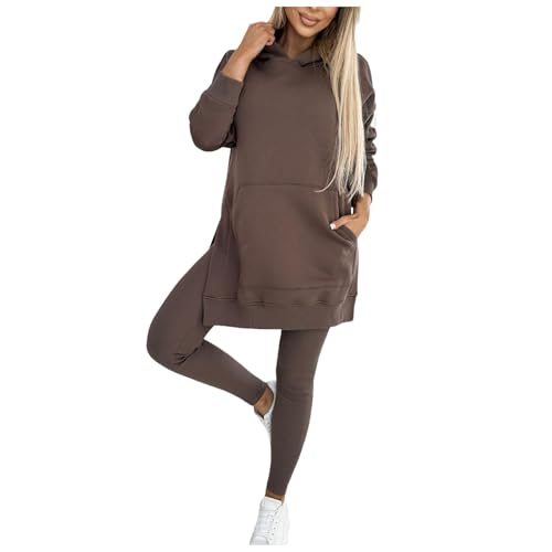 Jogginganzug Damen Set Trainingsanzug Damen Sportanzug 2-Teilig Lang Tracksuit Hausanzug Frauen Loungewear Einfarbig Damen Set Bequem Baggy Stretch Fitnessanzug Oberteile Hose Set (Coffee, XXL) von Longra