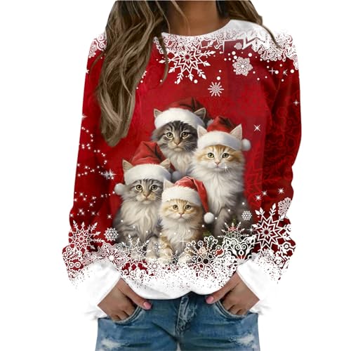 Katzenmotiv Weihnachtspullover Damen Weihnachten Winter Rundhals Pullover Sweatshirt Katzendruck Weihnachtsshirt Christmas Sweater Xmas Pullover Weihnachts Sweatshirt Xmas Outfit (Red, M) von Longra