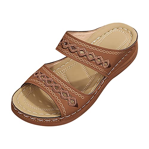 Longra Damen Sommer Sandalen Hausschuhe Casual Slip On Open Toe Elegant Sandaletten Bequeme Sommerschuhe für Frauen (Brown-a, 40) von Longra