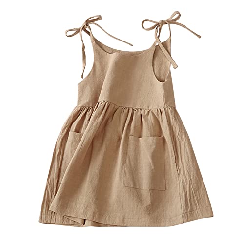 Longra Mädchen Kleid Sommer Spaghettiträger Sommerkleid Mädchen Leinenkleider Strandkleider V Ausschnitt Leichte Freizeitkleid Kinderkleidung (Khaki, 5-6 Years) von Longra