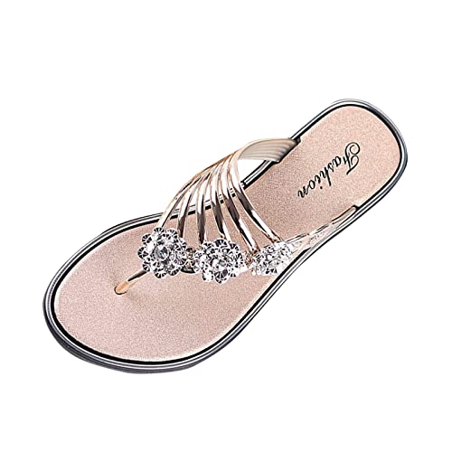 Longra Sommer Damen Sandalen Blumen Flipflop Badelatschen Strandschuhe Freizeit Flache Zehentrenne Göttin Strasssteine Sandaletten Bohemian Pool Strand Flip-On (A, 37) von Longra