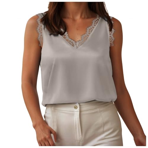 Satin Top mit Spitze Damen Satinbluse Ärmellos Oberteile Satinbluse V-Ausschnitt Camisole Tanktops Frauen Silk Satin Vest Tops Camisole Einfarbig Schulterfrei Elegant Seidentop Blusen (Grey, XXL) von Longra
