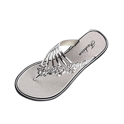 Sommer Flip Flops Damen Sandalen Blumen Flipflop Badelatschen Strandschuhe Freizeit Sommer Flache Zehentrenne Göttin Strasssteine Sandaletten Bohemian Flip Flops Pool Strand Flip-On (Silver, 37) von Longra