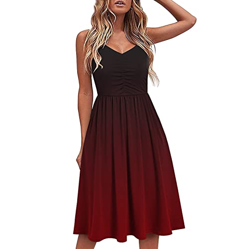 Sommerkleid Damen Ärmelloses Trägerkleid Boho Kleid V-Ausschnitt Strandkleid Damen Strandkleider Damen Sommer Kleider Sommerkleid Damen Elegant Knielang Kleider Spaghettiträger Rüschen (Red #11, S) von Longra