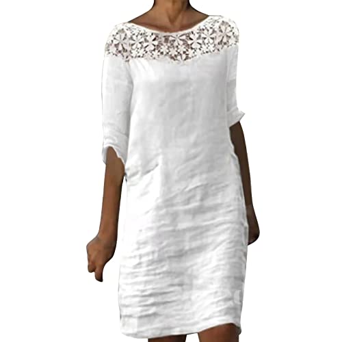 Sommerkleid Damen Leinenkleider mit Spitzen Boho Kleid Strandkleid Damen Strandkleider Damen Elegant Sommer Kleider Sommerkleid Damen Knielang T-Shirt Tunika Kleid Blusenkleid Kurzarm (3-White, XL) von Longra