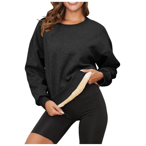 Warme Pullover Damen Winter Fleece Gefütterte Sweatshirts Ohne Kapuzen Winter Warm Winterpullover Dicker Pullover Mit Fleece Pulli Oberteile Warme Rundhals Einfarbig Fleecepullover (Black, XXL) von Longra
