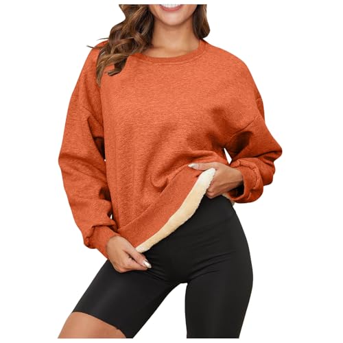Warme Pullover Damen Winter Fleece Gefütterte Sweatshirts Ohne Kapuzen Winter Warm Winterpullover Dicker Pullover Mit Fleece Pulli Oberteile Warme Rundhals Einfarbig Fleecepullover (Orange, XXL) von Longra