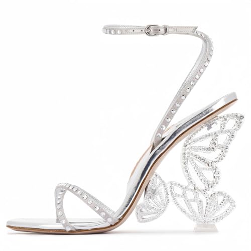 Longwenxuan Glitzernde Strass-Sandalen mit pelzigen Schnürung, Schmetterlings-Stilletos, Absatz, Sandalen, für Damen, offene Spitzen, High Heels, Riemchensandalen, verstellbare Knöchelriemen, von Longwenxuan