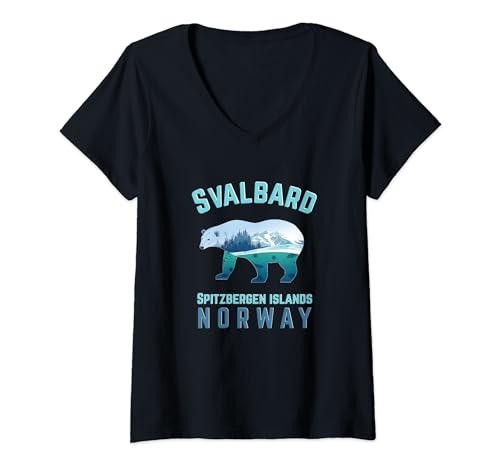 Damen Svalbard Spitzbergen Islands Norwegen Fjorde mit Eisbär T-Shirt mit V-Ausschnitt Damen Svalbard Spitzbergen Islands Norwegen Fjorde mit Eisbär T-Shirt mit V-Ausschnitt von Longyearbyen am Nordkap und Spitzbergen Inseln