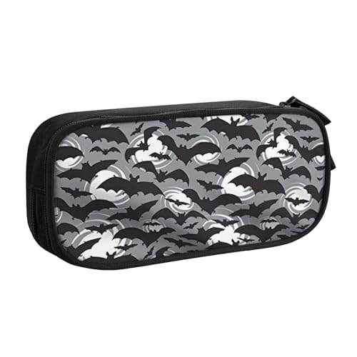 LONGZEHAO Federmäppchen mit großem Fassungsvermögen, Halloween-Fledermäppchen, grauer Druck, doppellagiger Reißverschluss, Federmäppchen, Make-up-Tasche von Longzehao