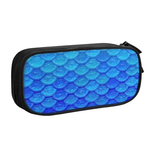 LONGZEHAO Federmäppchen mit großem Fassungsvermögen, Ozean, Meerblau, Fischschuppen-Druck, doppellagiger Reißverschluss, Federmäppchen, Make-up-Tasche von Longzehao