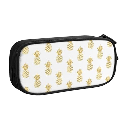 LONGZEHAO Federmäppchen mit großem Fassungsvermögen, goldfarbener Ananas-Hintergrund, doppellagiger Reißverschluss, Federmäppchen, Make-up-Tasche von Longzehao